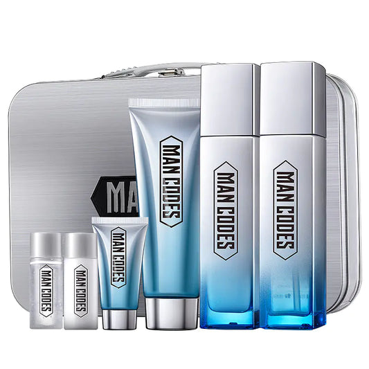 MAN CODES 6-Piece Men’s Skincare Set with Premium Travel Case – Full Facial Grooming Kit for All Skin Types – Includes Cleanser, Toner, & Moisturizer – Perfect Gift for Men