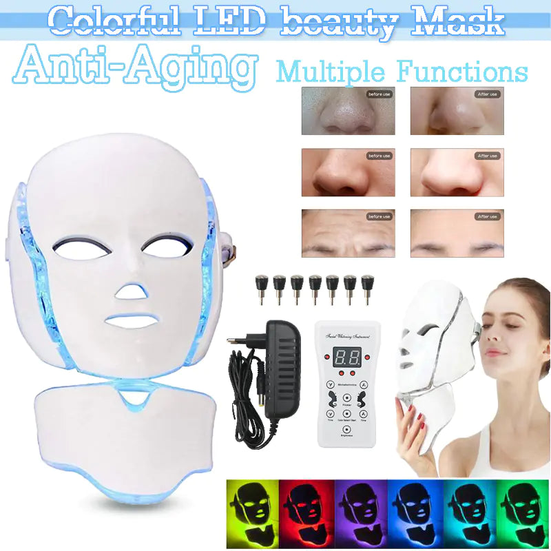 LED Facial Light Therapy Mask - 7 Color Photon Skin Care Mask with Neck Attachment for Face & Neck, Professional Beauty Device for Anti-Aging, Acne Treatment, Skin Tightening & Rejuvenation