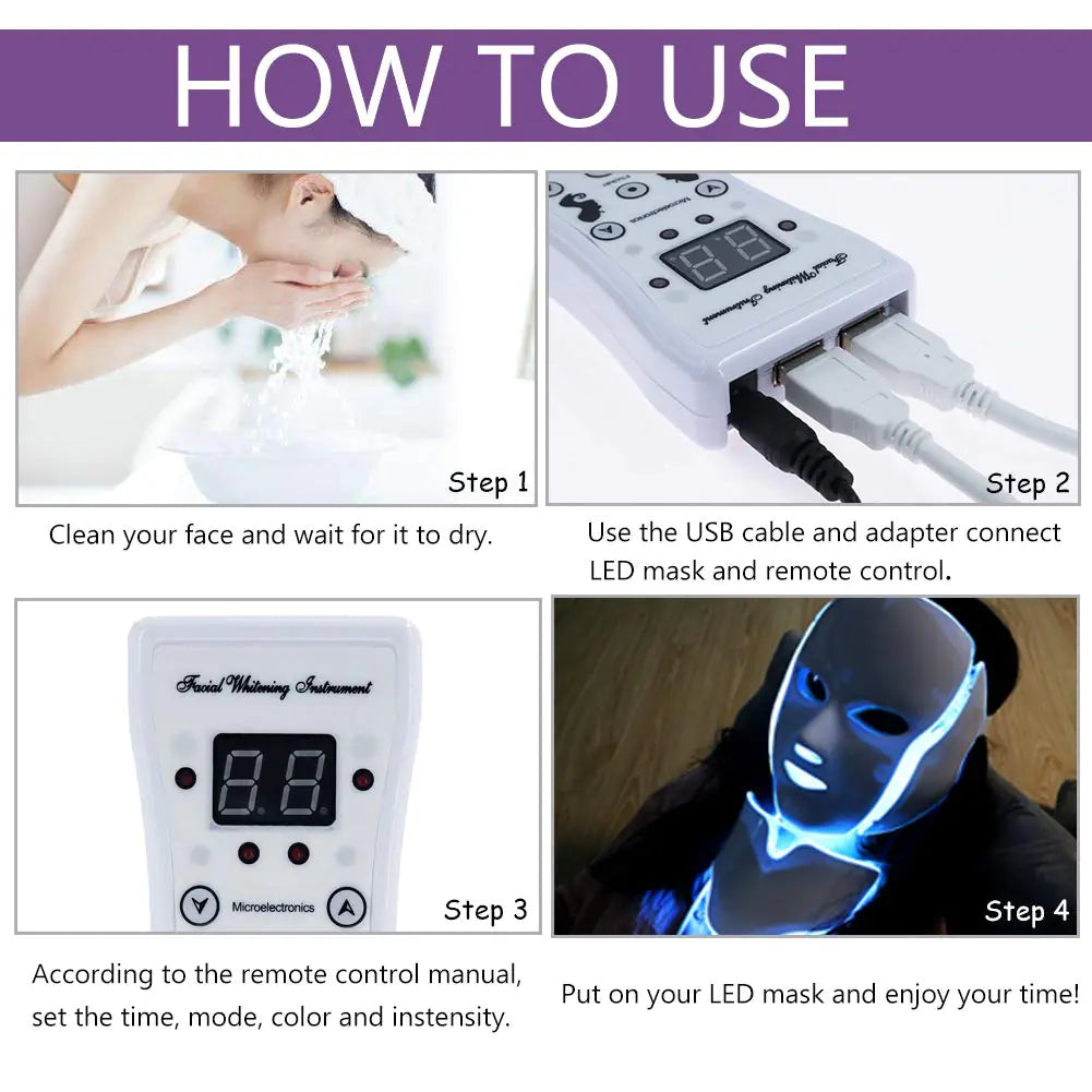 LED Facial Light Therapy Mask - 7 Color Photon Skin Care Mask with Neck Attachment for Face & Neck, Professional Beauty Device for Anti-Aging, Acne Treatment, Skin Tightening & Rejuvenation