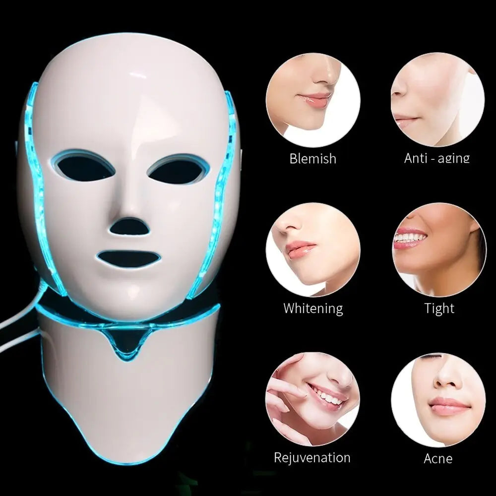 LED Facial Light Therapy Mask - 7 Color Photon Skin Care Mask with Neck Attachment for Face & Neck, Professional Beauty Device for Anti-Aging, Acne Treatment, Skin Tightening & Rejuvenation