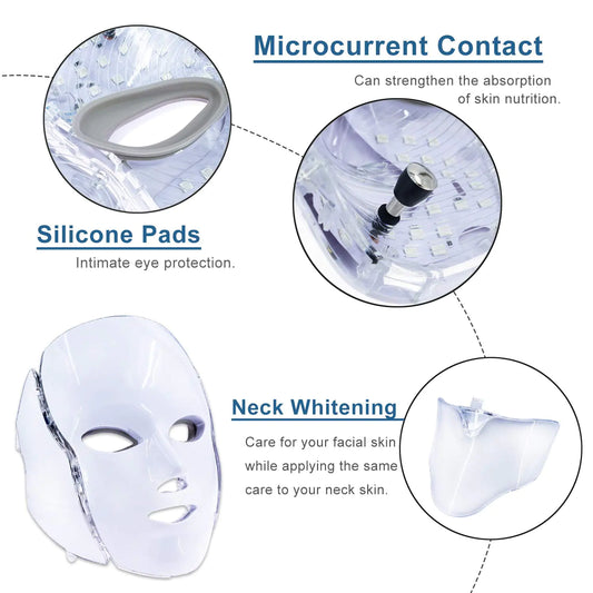 LED Facial Light Therapy Mask - 7 Color Photon Skin Care Mask with Neck Attachment for Face & Neck, Professional Beauty Device for Anti-Aging, Acne Treatment, Skin Tightening & Rejuvenation