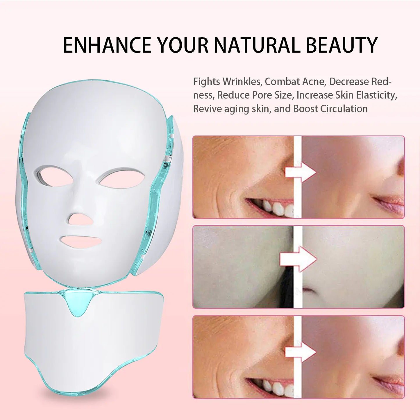 LED Facial Light Therapy Mask - 7 Color Photon Skin Care Mask with Neck Attachment for Face & Neck, Professional Beauty Device for Anti-Aging, Acne Treatment, Skin Tightening & Rejuvenation