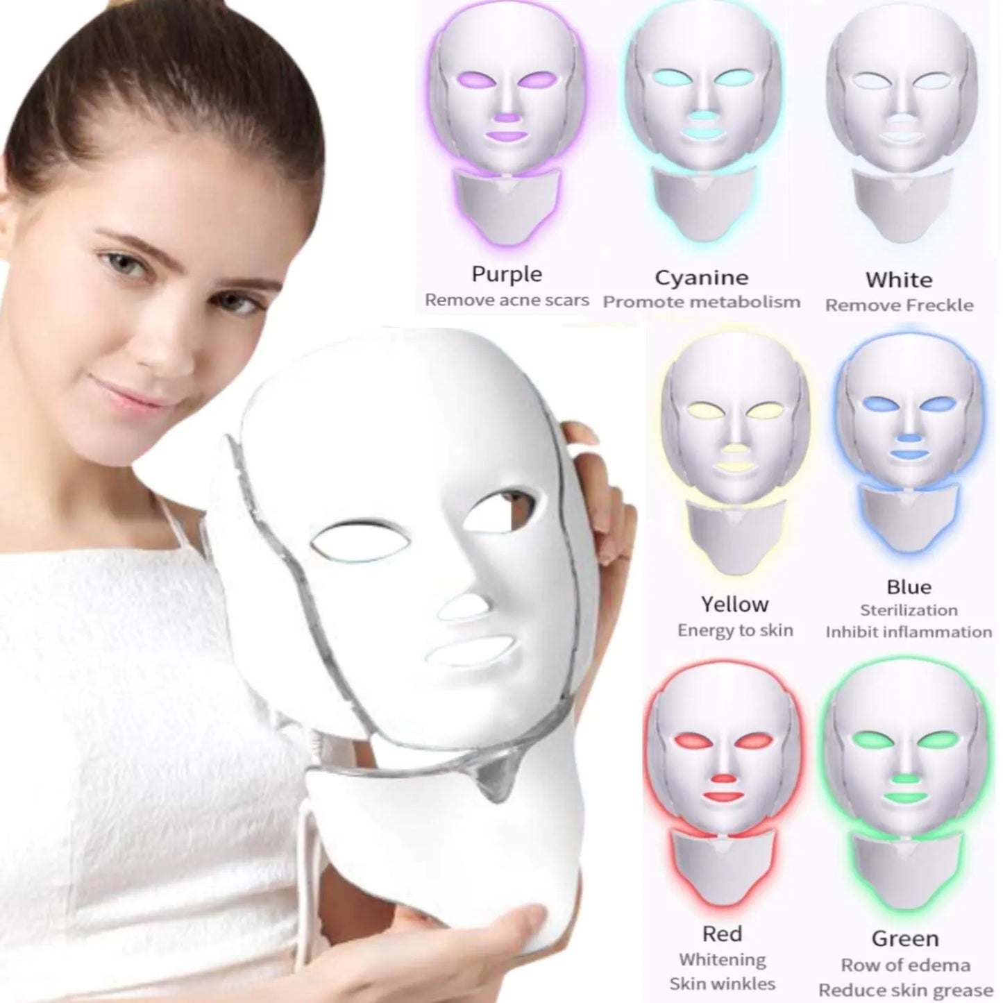 LED Facial Light Therapy Mask - 7 Color Photon Skin Care Mask with Neck Attachment for Face & Neck, Professional Beauty Device for Anti-Aging, Acne Treatment, Skin Tightening & Rejuvenation