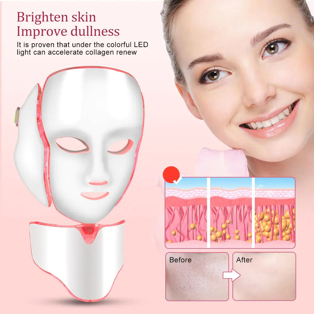 LED Facial Light Therapy Mask - 7 Color Photon Skin Care Mask with Neck Attachment for Face & Neck, Professional Beauty Device for Anti-Aging, Acne Treatment, Skin Tightening & Rejuvenation