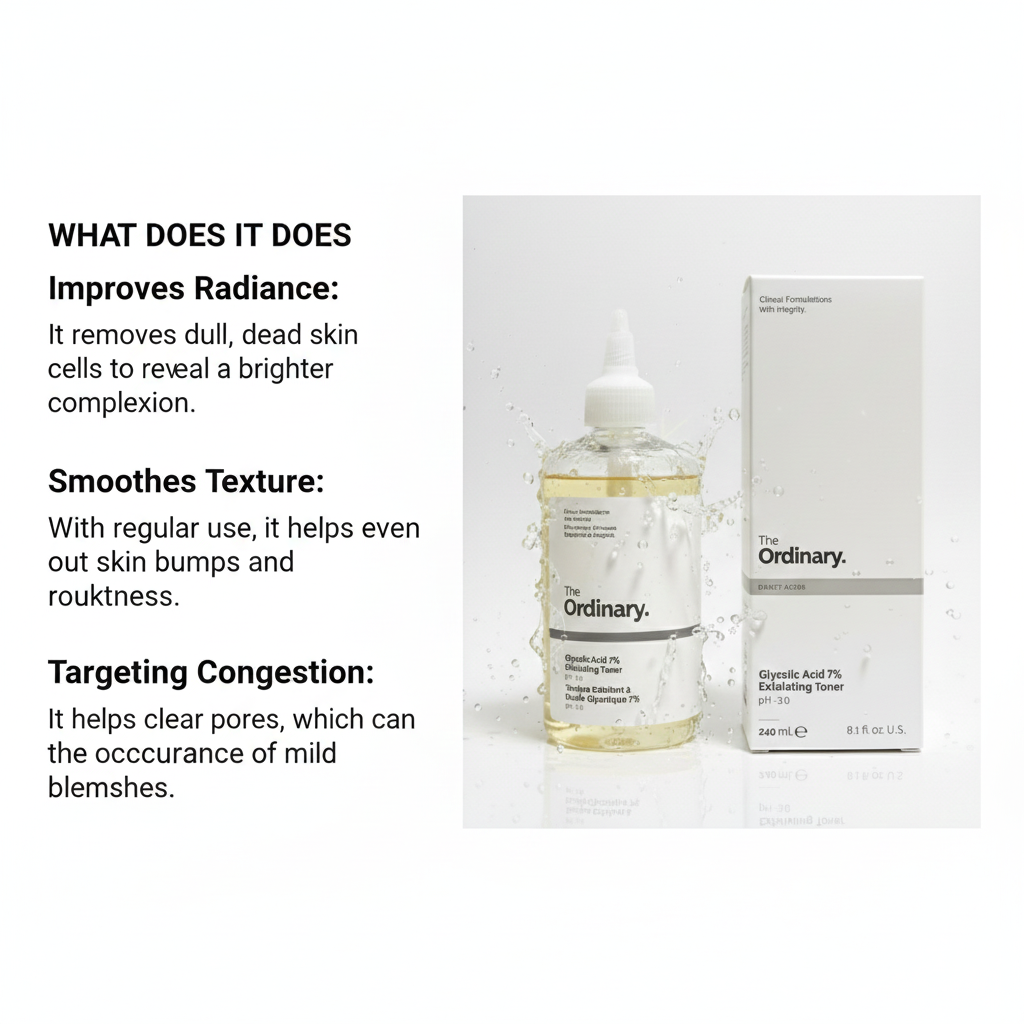 The Ordinary Glycolic Acid 7% Exfoliating Toner (240ml) – Face & Body Resurfacing Solution for Glowing Skin, Smooths Texture & Evens Tone